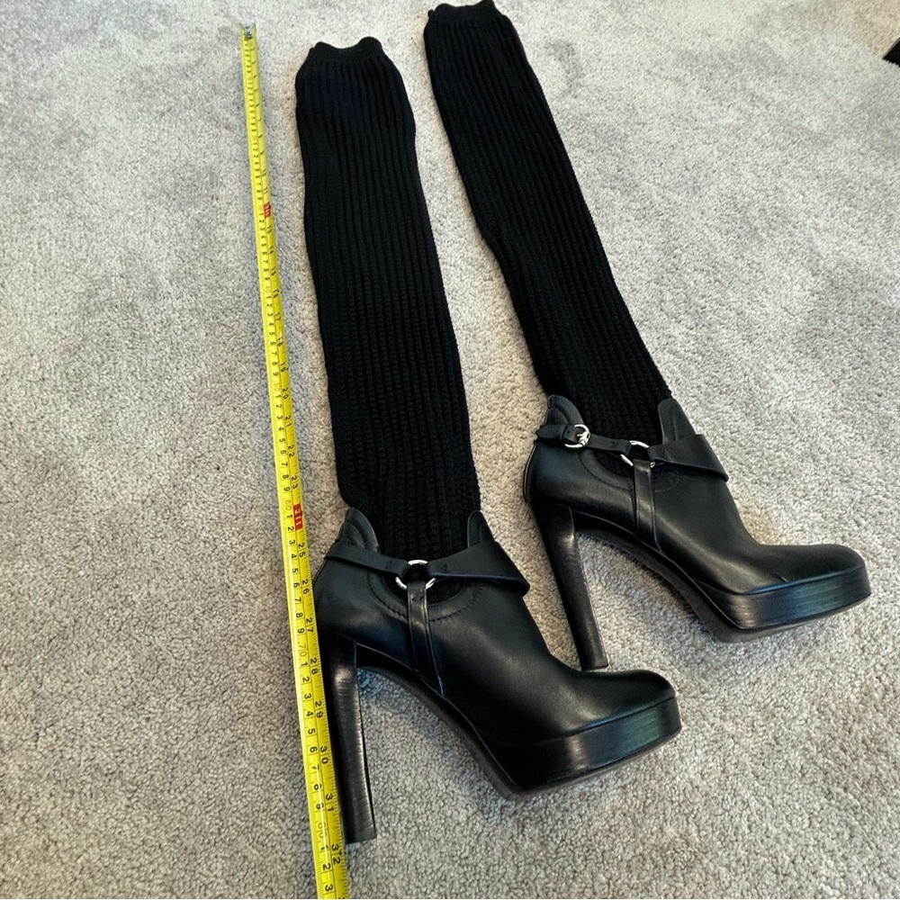 Gucci black wool knit over the knee sock harness boots leather platform 39.5 - Picture 8 of 12